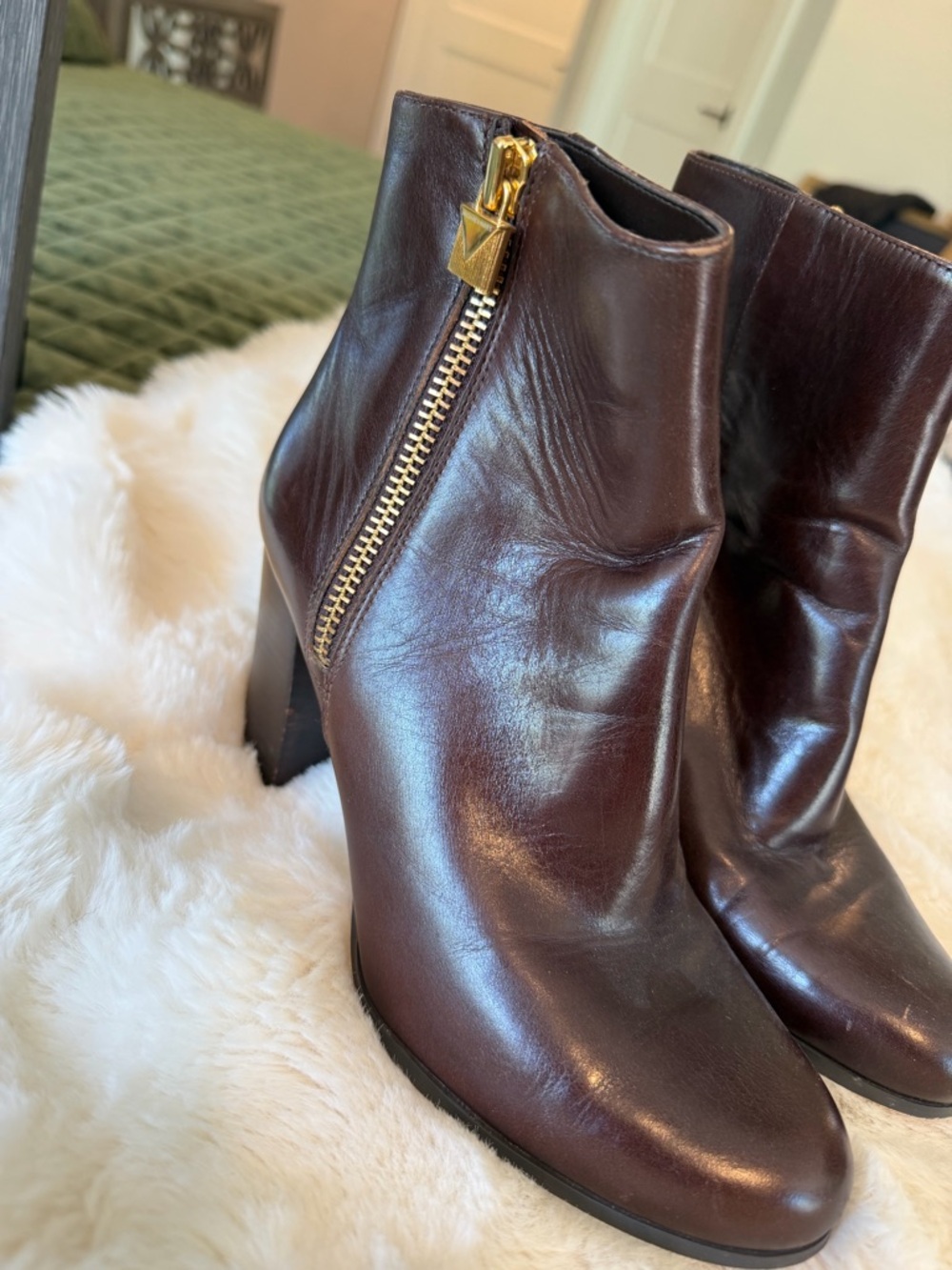 Michael Kors Burgundy Leather Ankle Booties with Gold Zip